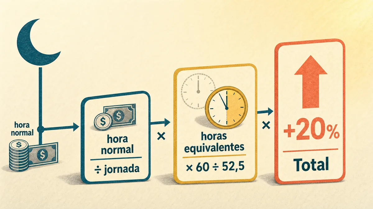 Diagrama editorial em escada com três painéis: à esquerda uma lua e a "hora normal" em petrol-teal, ao centro um relógio âmbar com "horas equivalentes" e o fator 60 ÷ 52,5, e à direita um painel coral mais alto com "+20%" e "Total", ligados por setas de multiplicação.