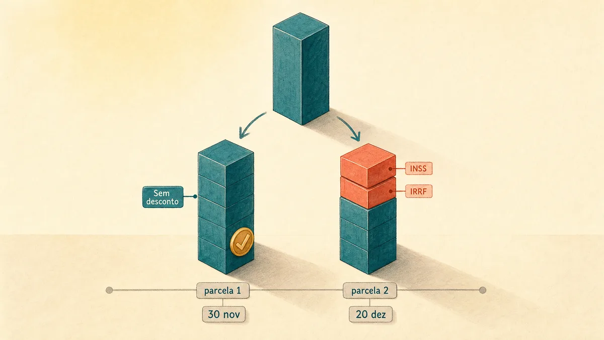 Diagrama do 13º salário: o 13º bruto sofre INSS e Imposto de Renda e se divide em primeira parcela sem desconto e segunda parcela com descontos.
