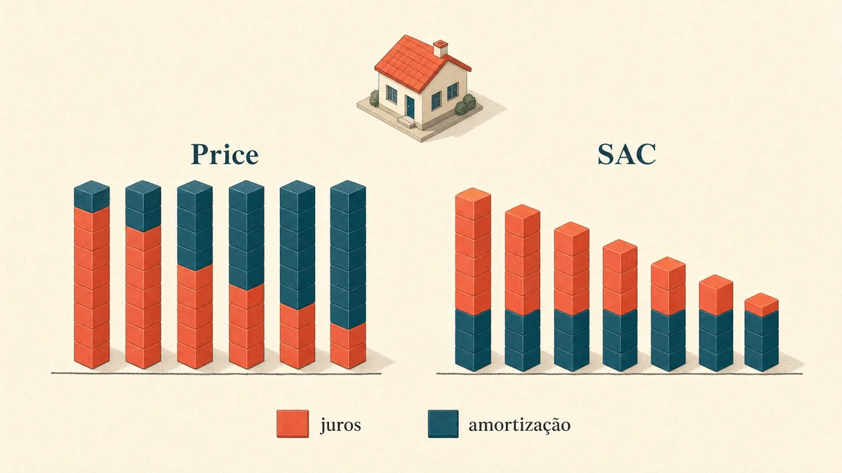 Comparação entre Price e SAC: na Price a parcela é constante e na SAC ela decresce ao longo dos meses, com a área de juros do SAC menor que a da Price.
