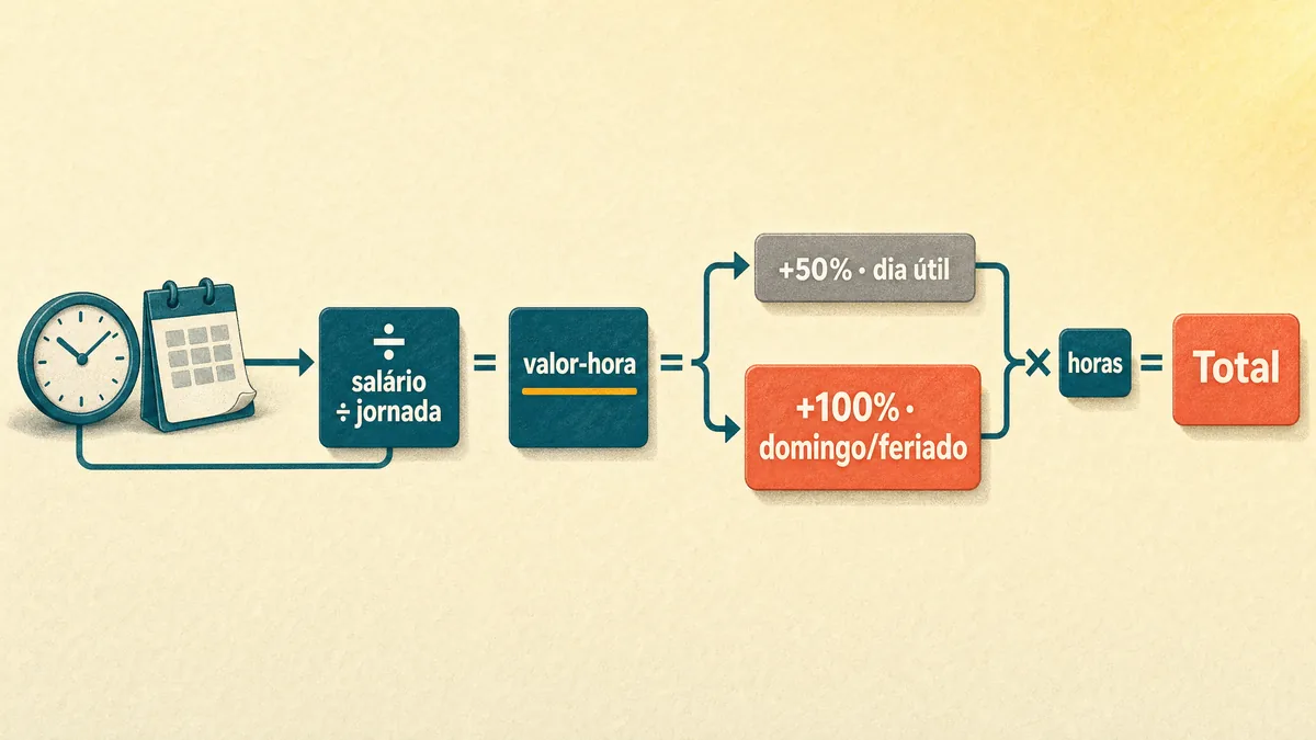 Diagrama de fluxo em tom creme com painéis petróleo ligados por setas: à esquerda um relógio e uma folha de calendário; a primeira etapa "salário ÷ jornada" leva ao "valor-hora" (com base gold-amber), que se divide em dois caminhos — "+50% dia útil" em cinza e "+100% domingo/feriado" em coral — e termina num bloco coral "Total" alimentado por "× horas".