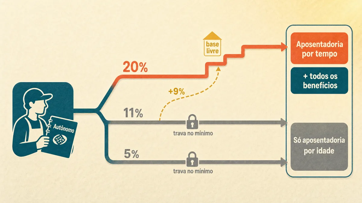 Diagrama de fluxo em tom creme: do glifo do autônomo com a GPS saem três trilhos. O trilho de 20%, em coral, sobe em degraus até as fichas "Aposentadoria por tempo" e "todos os benefícios", com a etiqueta dourada "base livre"; os trilhos cinza de 11% e 5% seguem retos e travados no mínimo até a ficha "só aposentadoria por idade", e uma ponte dourada tracejada "+9%" liga o trilho de 11% ao de 20%.