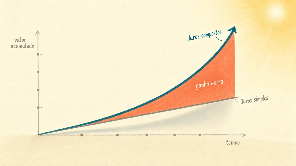 Gráfico comparando juros simples, uma linha reta, com juros compostos, uma curva exponencial, ao longo do tempo, com a diferença destacada como ganho extra.