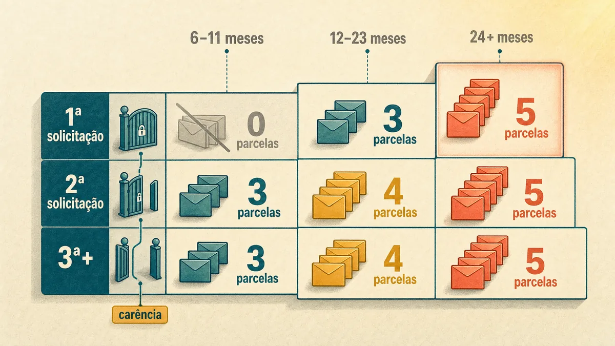 Diagrama-matriz em tom petróleo sobre fundo creme: três linhas (1ª, 2ª e 3ª solicitação em diante) com cadeados que abrem aos poucos, cruzando três colunas de tempo trabalhado (6–11, 12–23 e 24+ meses). As células ativas mostram 3, 4 e 5 parcelas em degraus; a célula de 24+ meses com 5 parcelas aparece em coral como benefício máximo, a de 4 parcelas em âmbar, e a célula de 6–11 meses na primeira solicitação aparece em cinza riscada como zero parcelas por falta de carência.